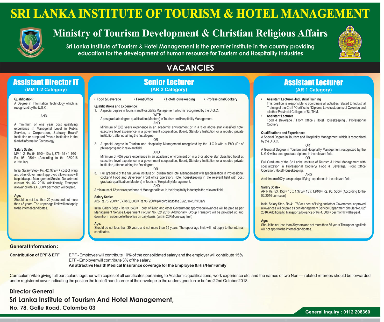 Assistant Director, Senior Lecturer, Assistant Lecturer - Sri Lanka Institute of Tourism & Hotel Management